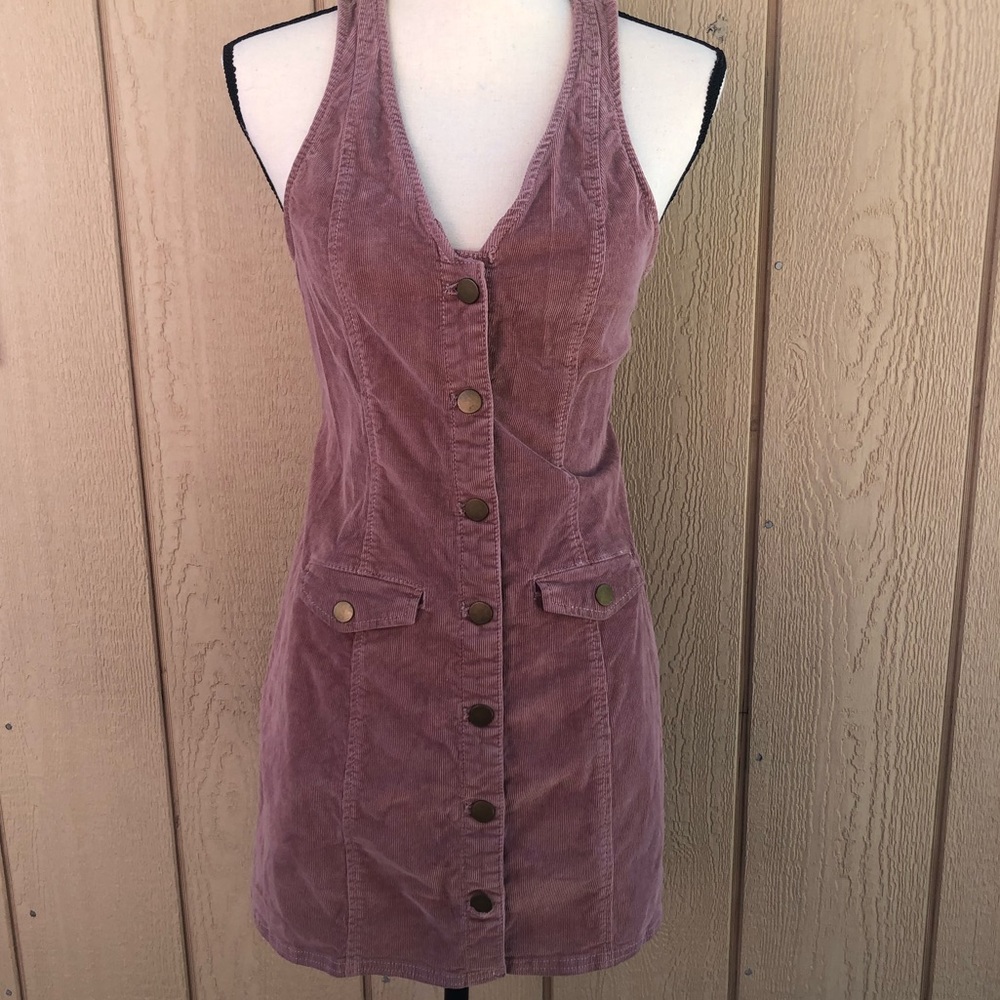 Sleeveless Mauve Corduroy Button-Front Dress